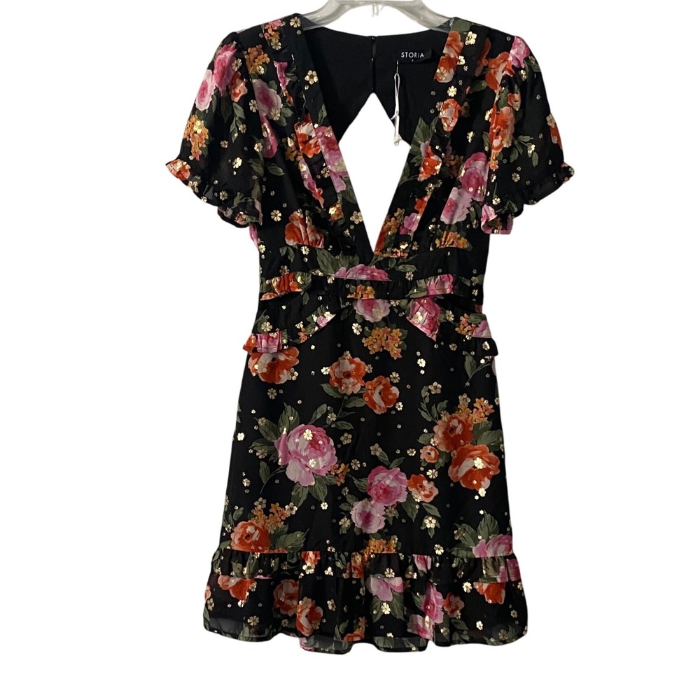 STORIA Anthropologie Floral Dress Black‎ Ruffle Cutout Deep V Neck Mini Sz Small